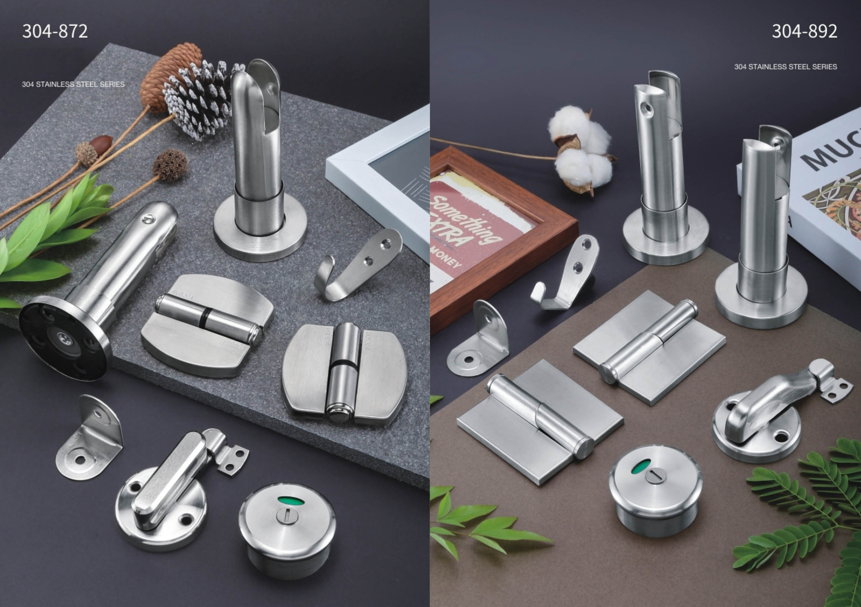 Stainless steel toilet partition hardware system including hinges, locks, support legs and connectors for commercial restroom cubicles